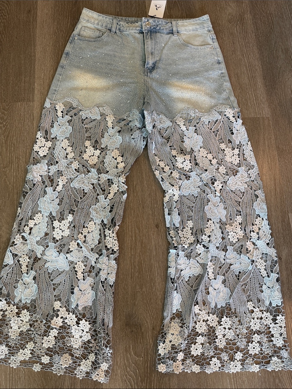 Light Blue Lace-Embellished Wide Leg Jeans